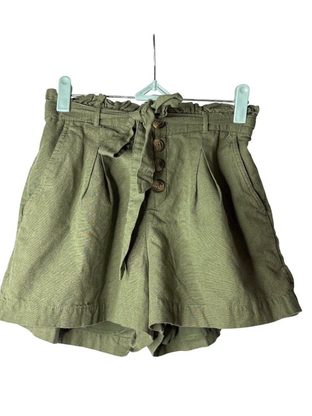 American Eagle Paperbag Shorts Size S Cotton Linen Olive Green Belt Button Front